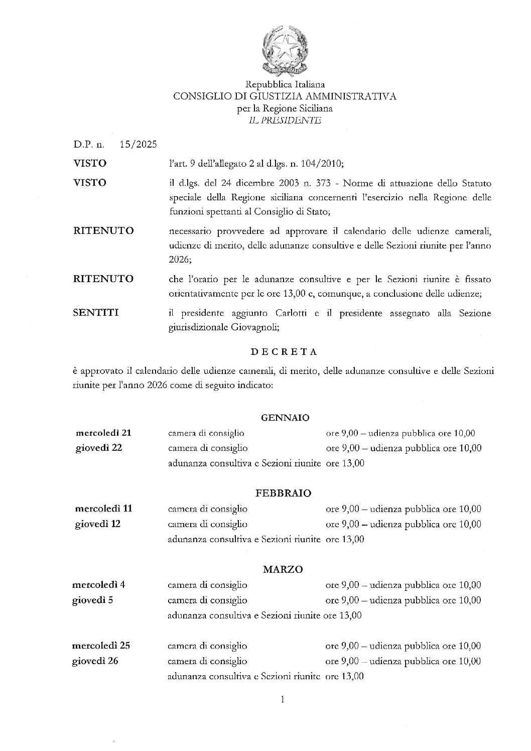 CGARS – calendario 2026 delle udienze camerali e di merito delle adunanze consultive e delle Sezioni riunite