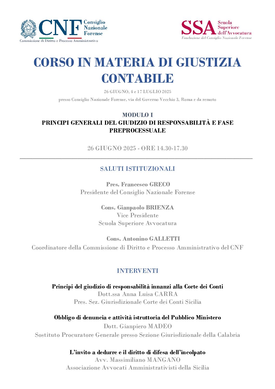CORSO IN MATERIA DI GIUSTIZIA CONTABILE
